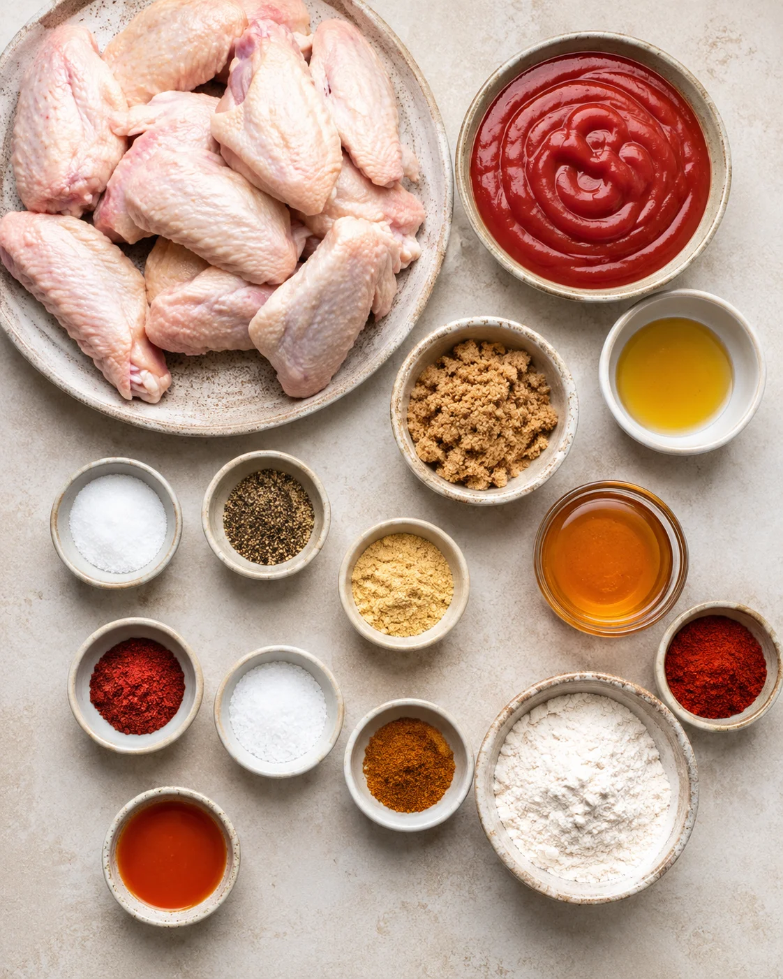 Raw chicken wings with homemade BBQ sauce ingredients arranged on a neutral background.