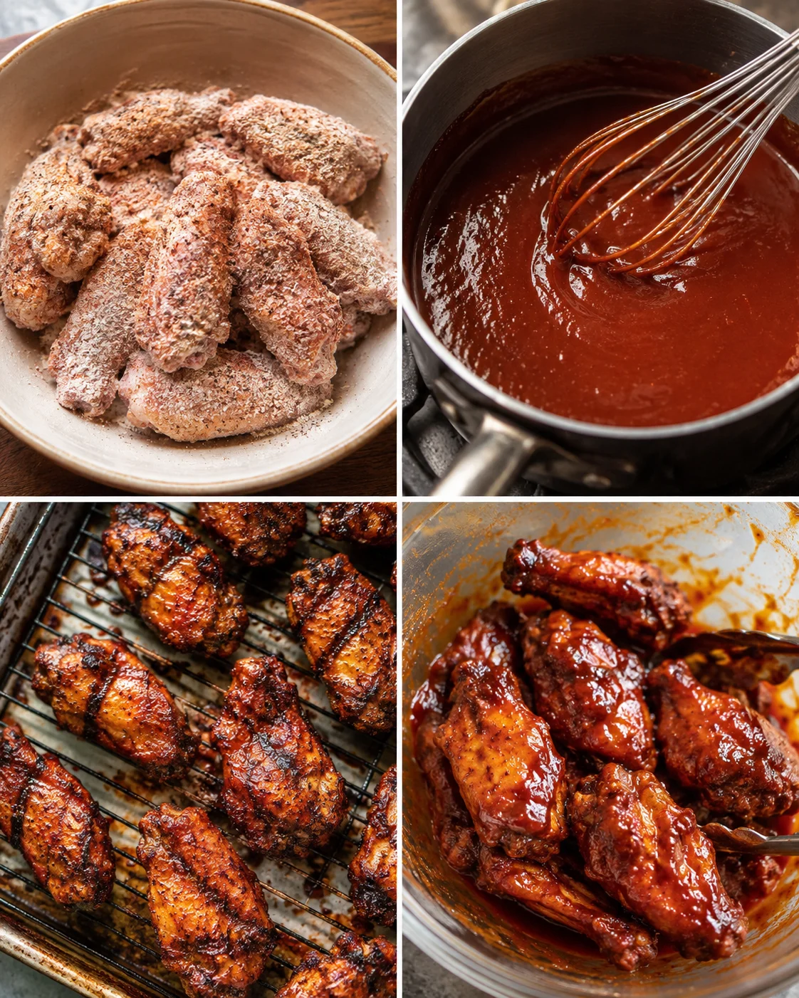 Homemade sticky BBQ chicken wings with rich sauce on a baking sheet.