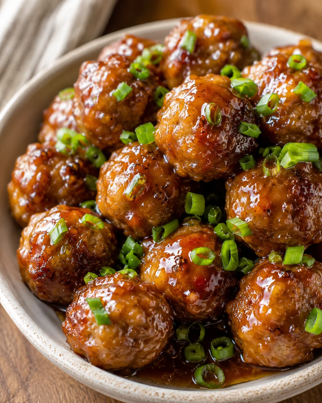 Delicious apple glazed meatballs garnished with green onions in a white bowl.