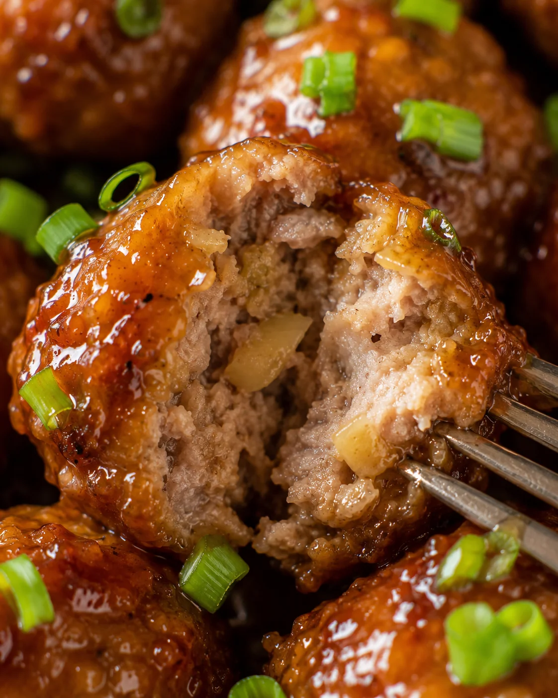 Close-up of juicy apple glazed meatballs with green onions garnish