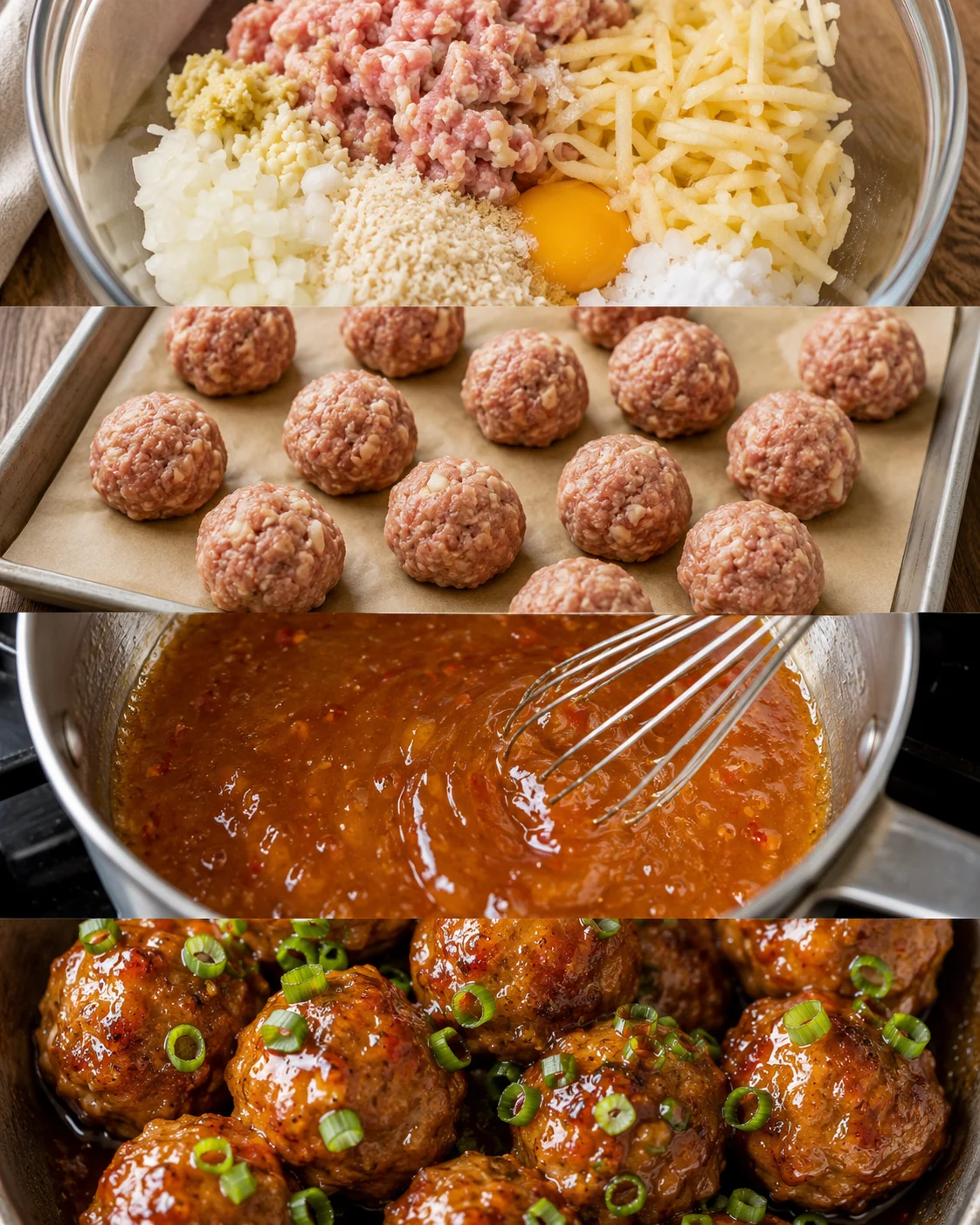 Close-up of cooked apple glazed meatballs garnished with green onions.