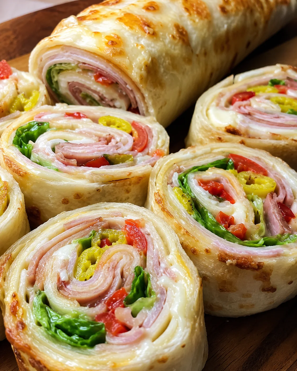 Close-up of colorful cheese and meat roll-ups with melted cheese inside tortillas.