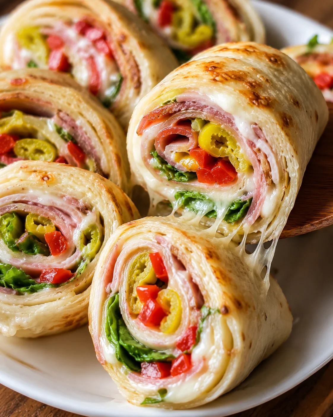Close-up of cheesy meat and veggie roll-ups with melted cheese and colorful fillings