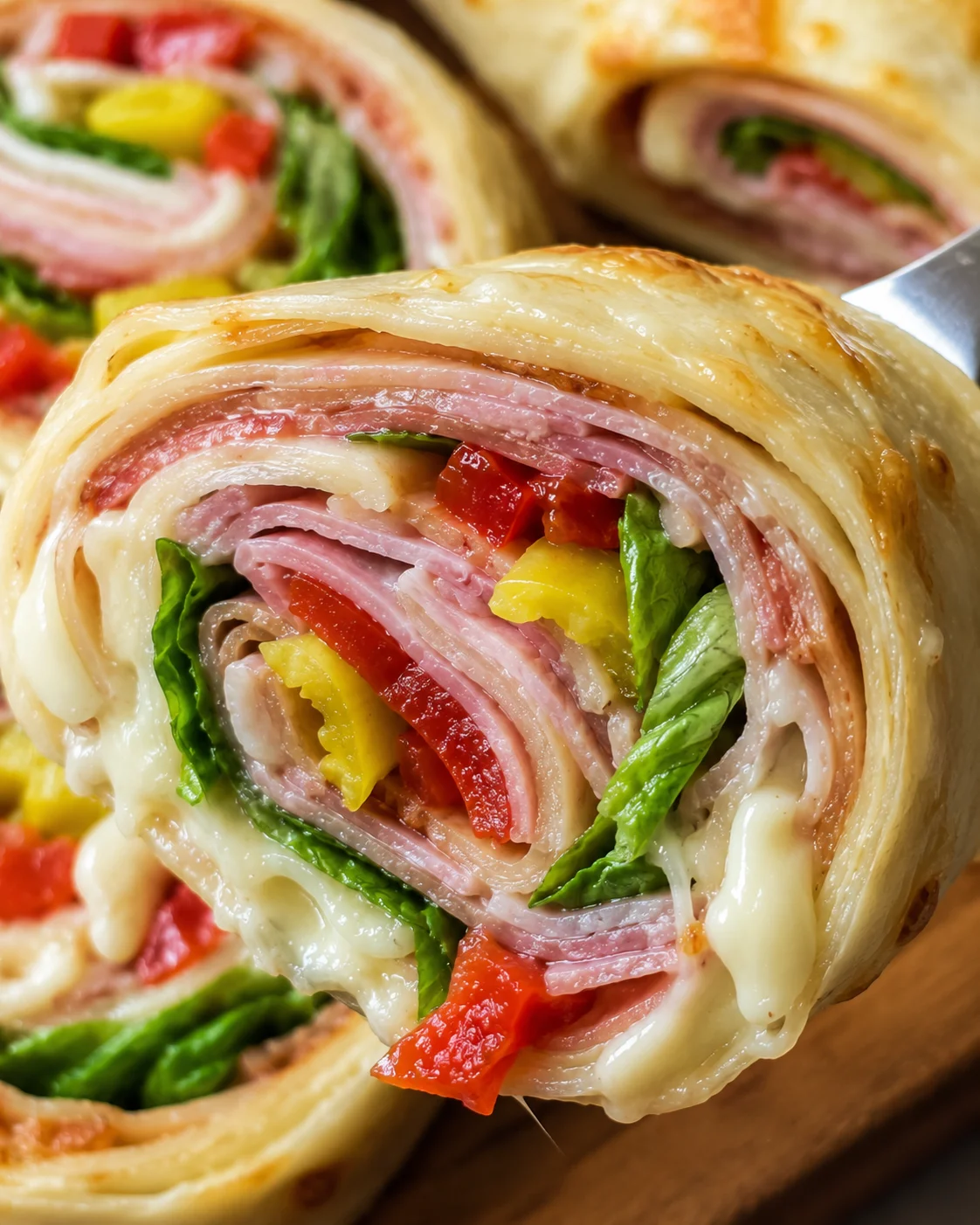 Close-up of delicious cheese and meat roll-ups with colorful vegetables and melted cheese