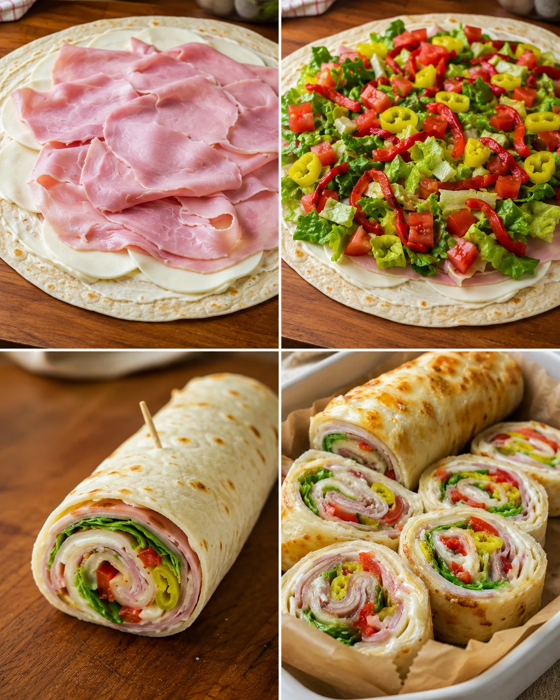 Delicious cheese and deli meat roll-ups with fresh veggies on tortillas