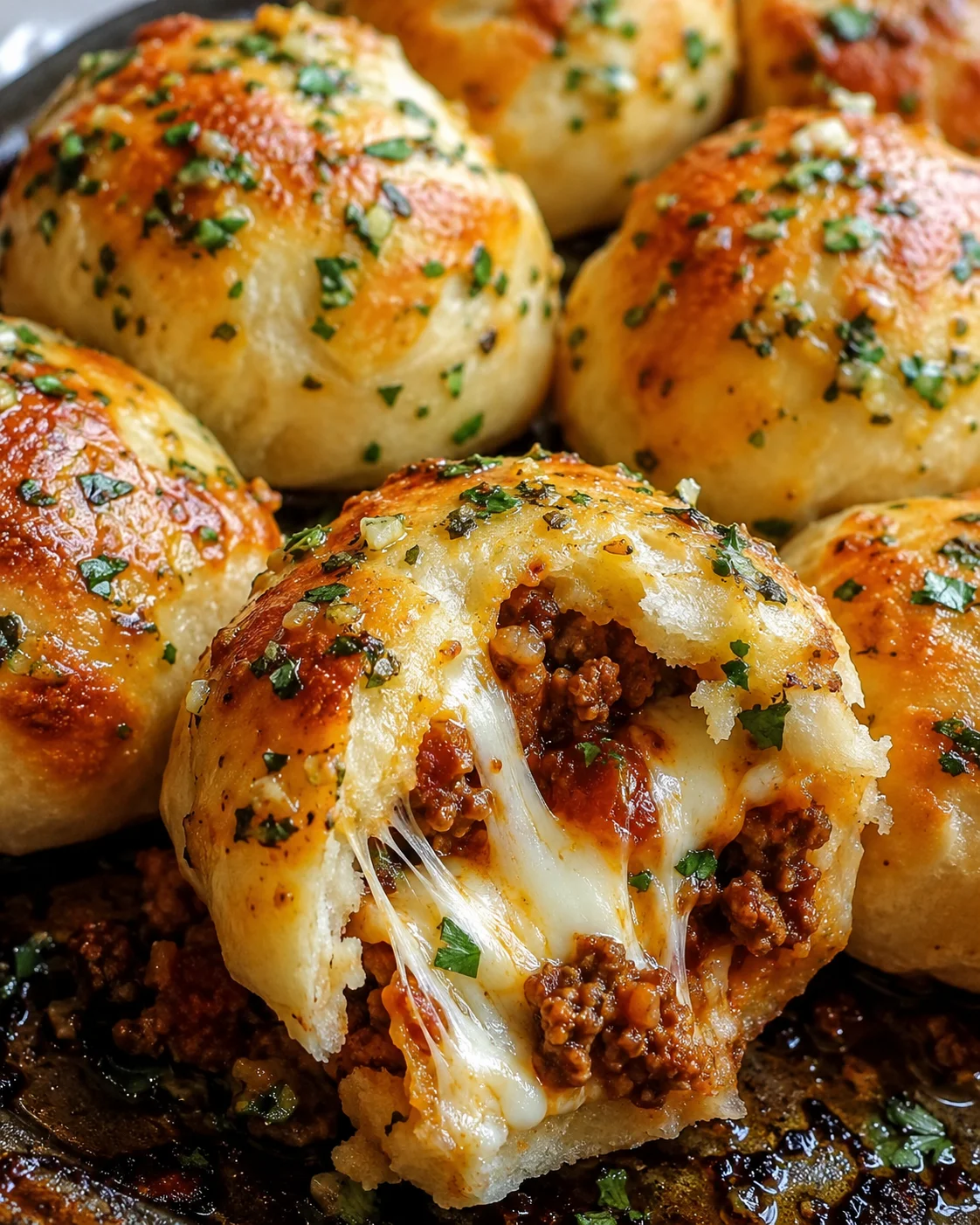 Close-up of baked chili stuffed pizza dough balls with melted cheese and herbs