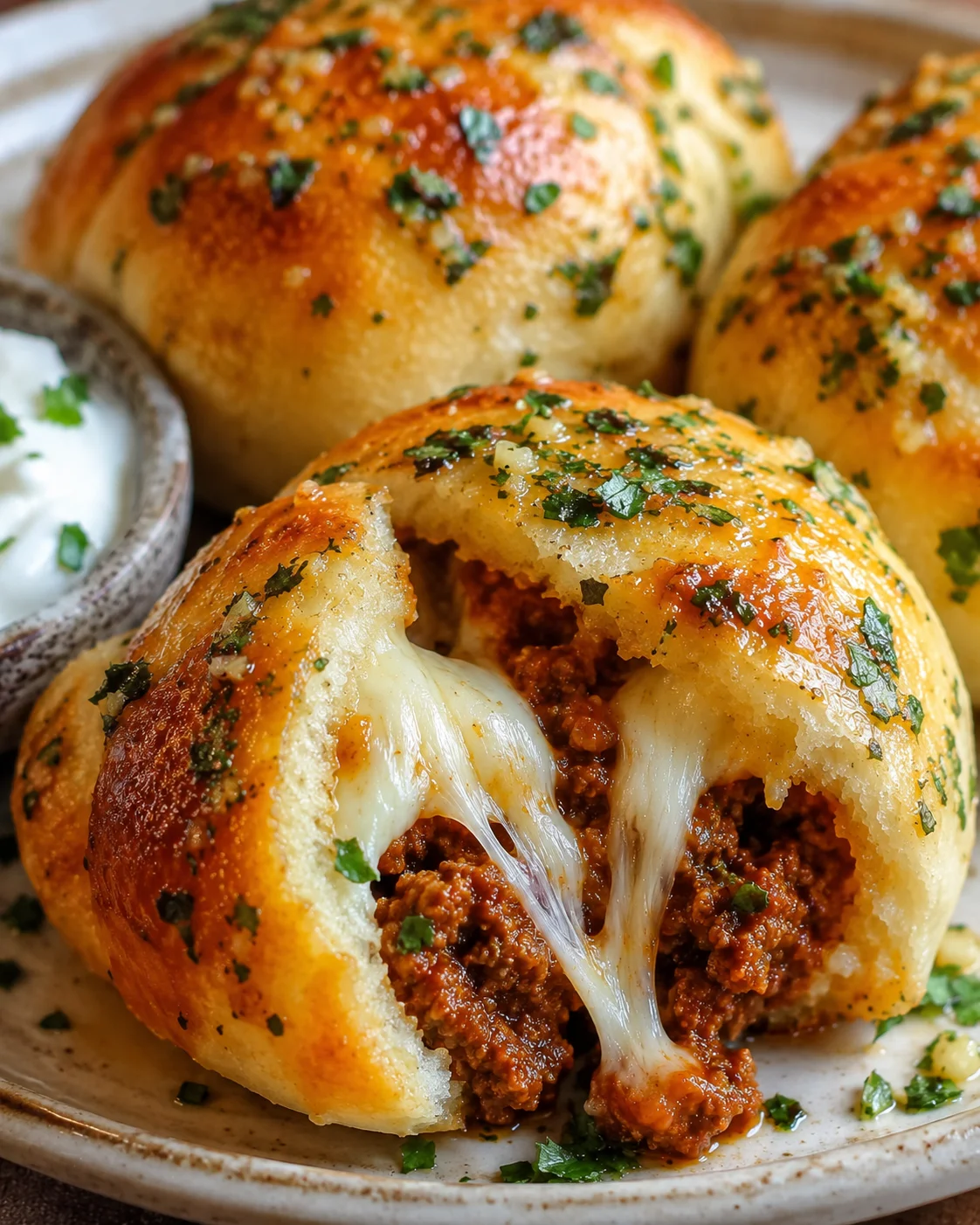 Close-up of gooey chili and cheese stuffed pizza dough balls topped with herbs.