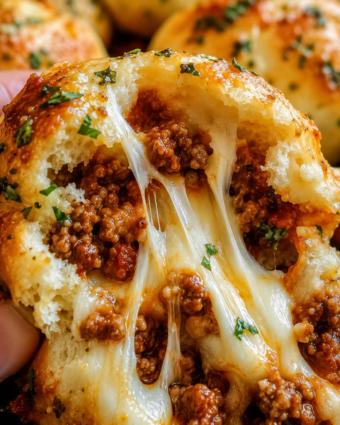 Close-up of cheesy chili-filled pizza dough balls with melted cheese stretching.