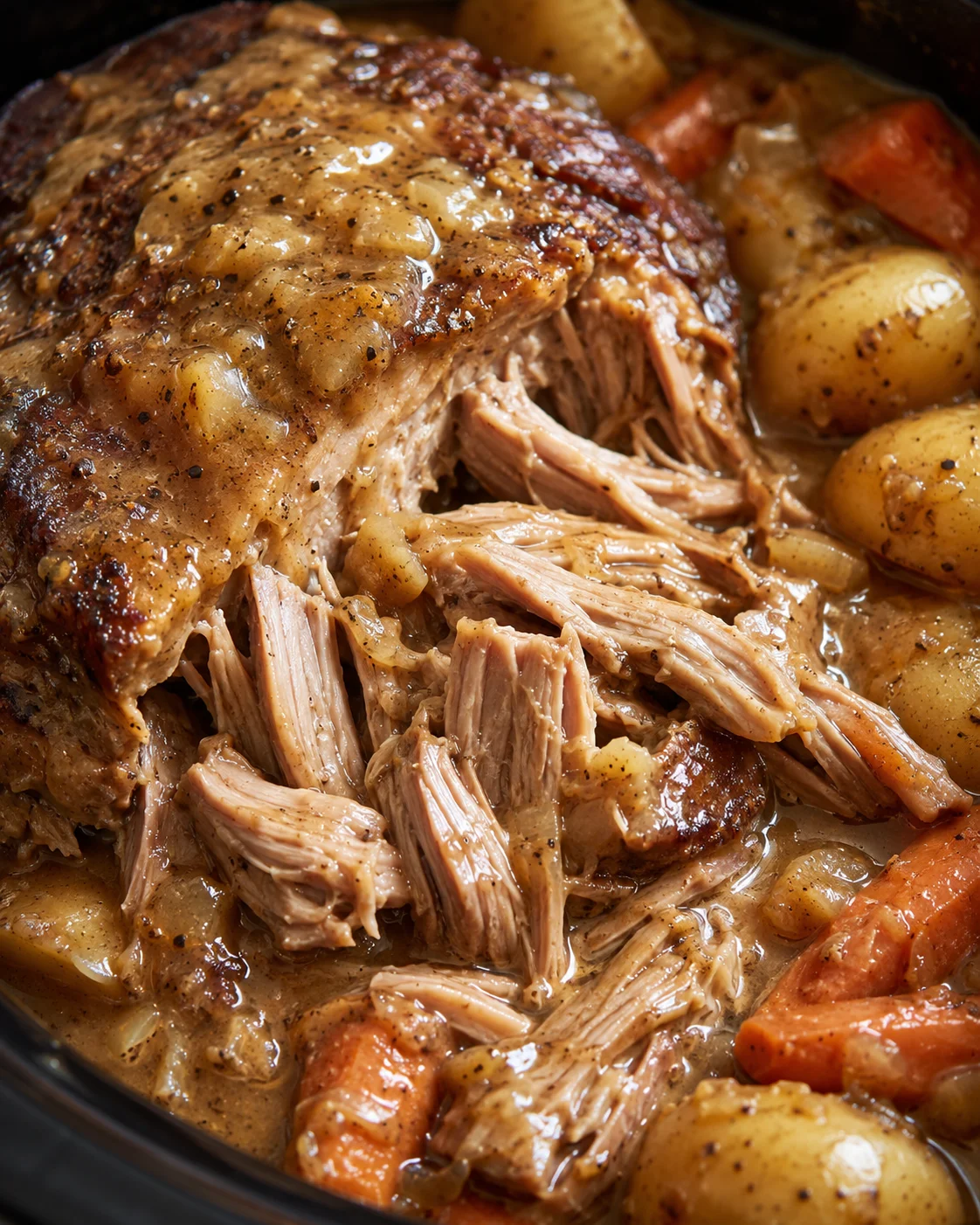 Tender pork roast in crock pot with potatoes and rich gravy.