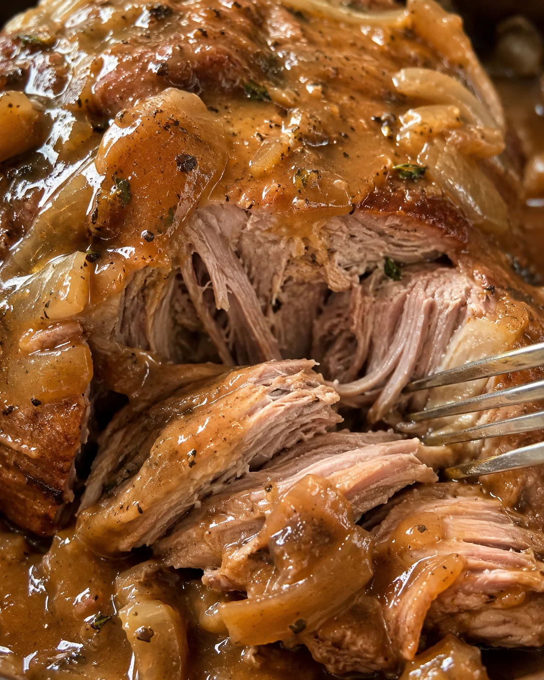 Tender pork roast simmering in rich, flavorful gravy with onions and spices.