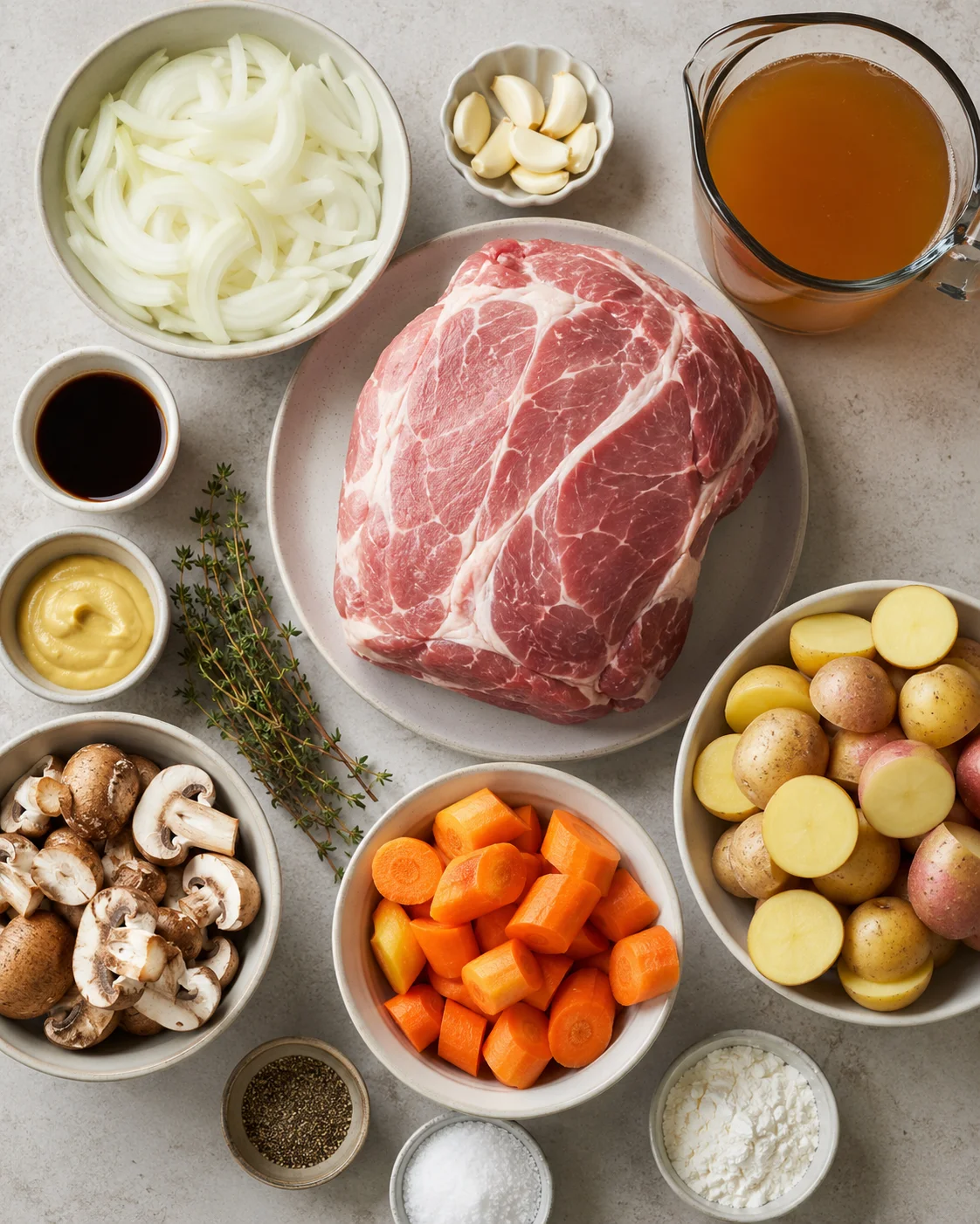 .raw pork roast surrounded by vegetables and ingredients for slow cooker recipe