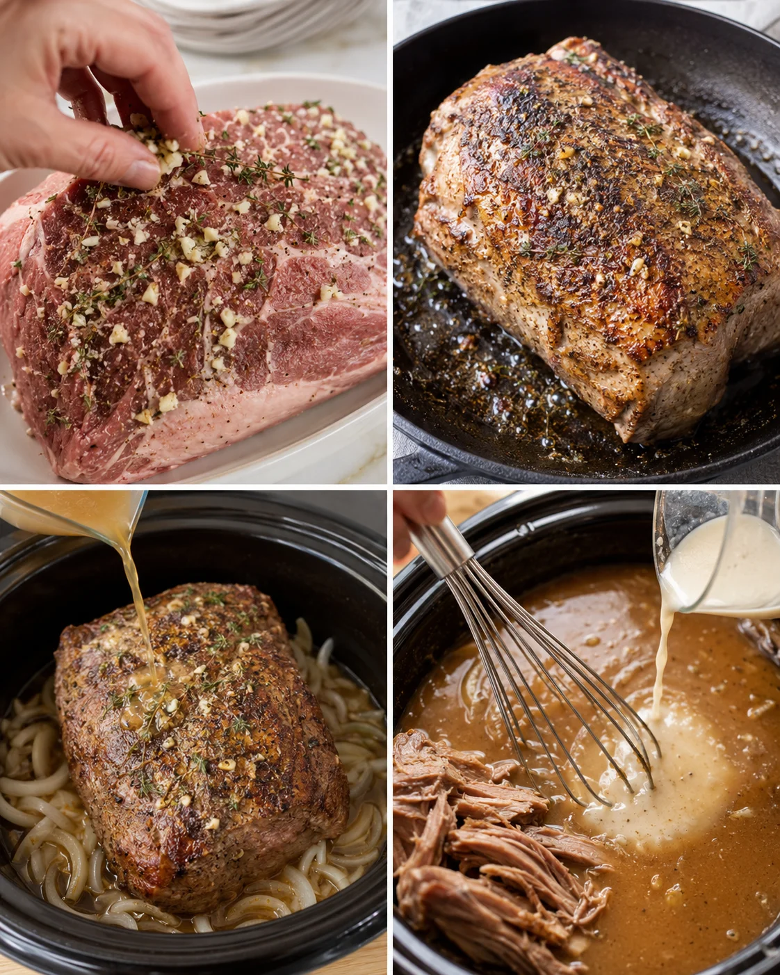 Tender pork roast with rich, peppery gravy served over potatoes or noodles