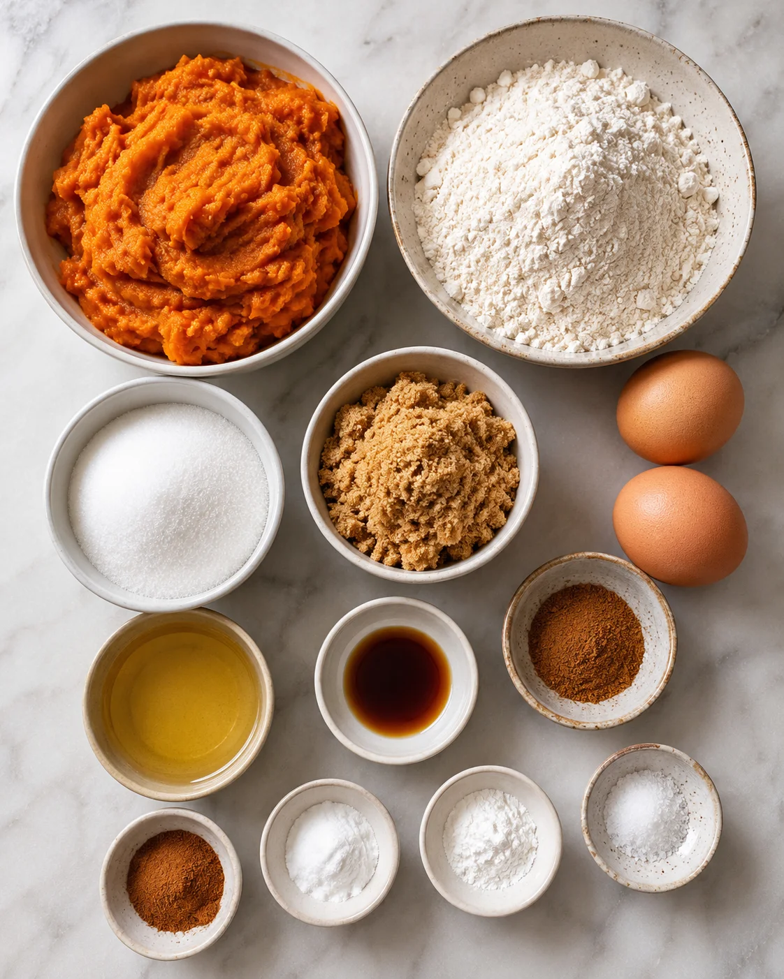 Assorted ingredients for making moist, spiced pumpkin bread on a marble surface.