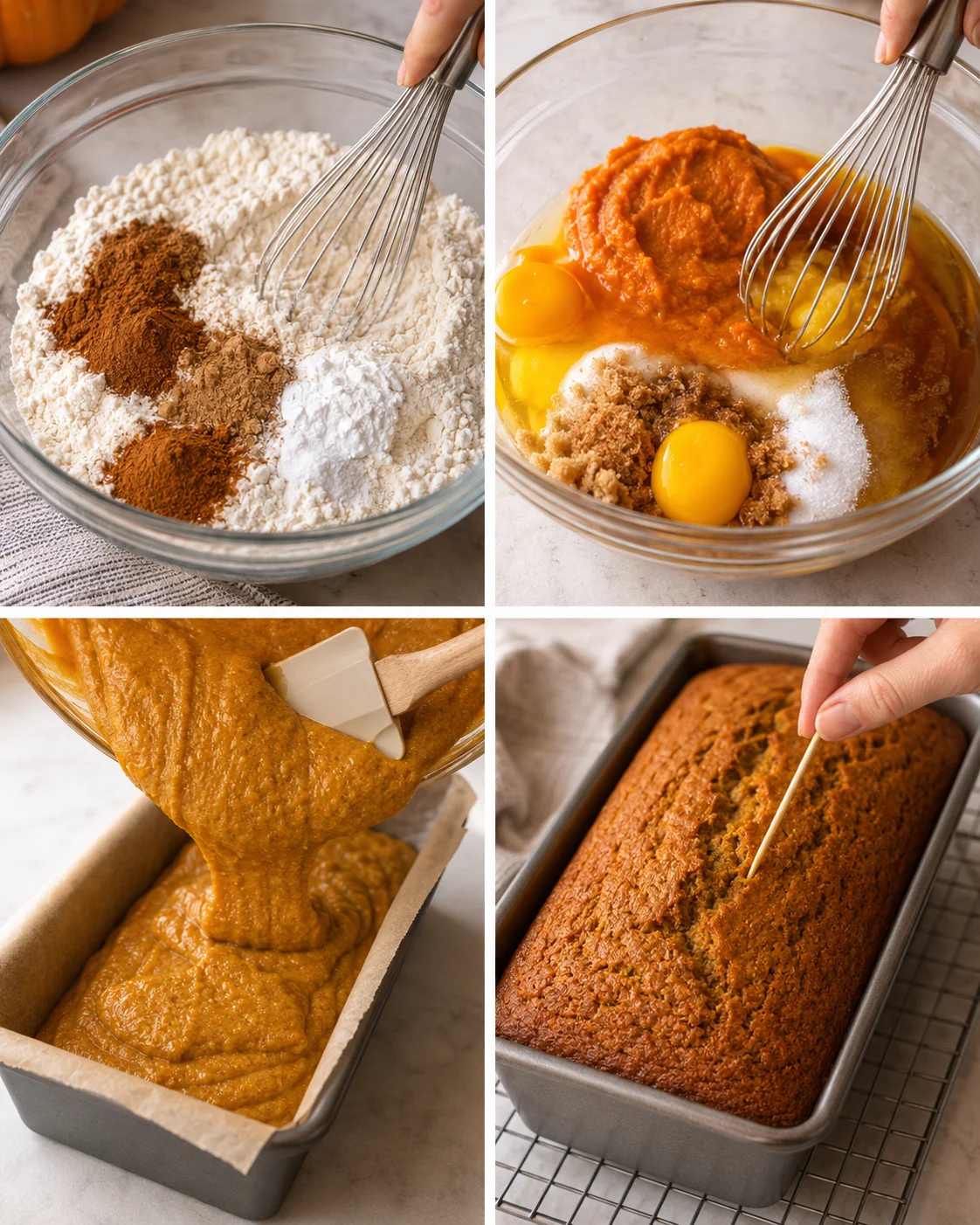 Step-by-step images of mixing, pouring, and baking pumpkin bread at home.