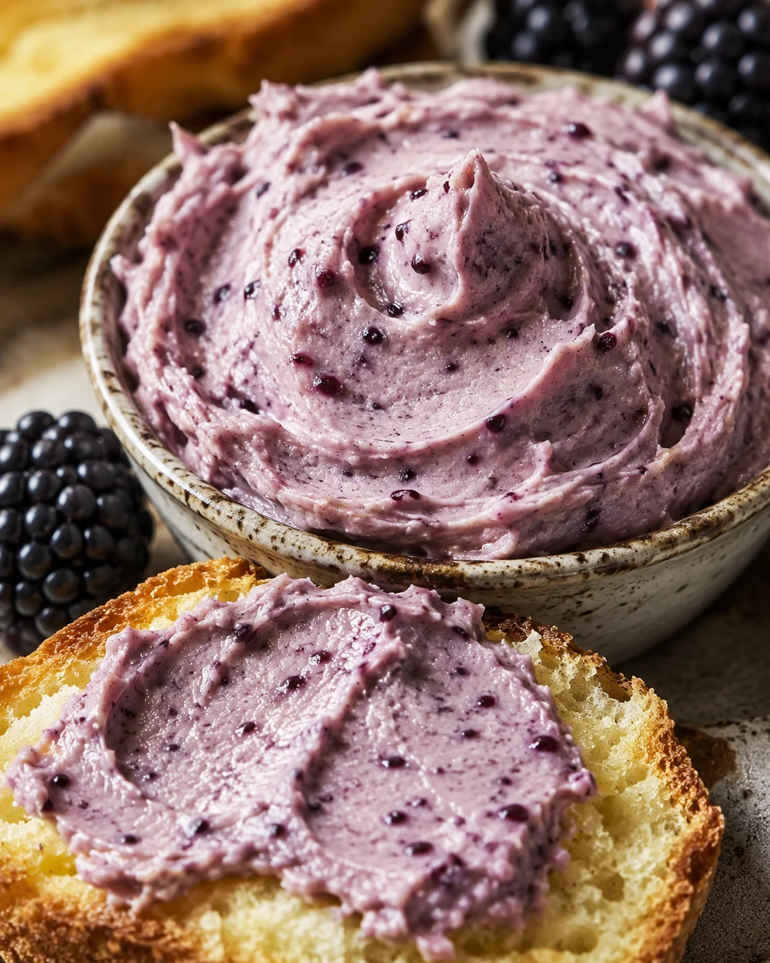 Creamy homemade blackberry butter spread on bread with fresh berries around