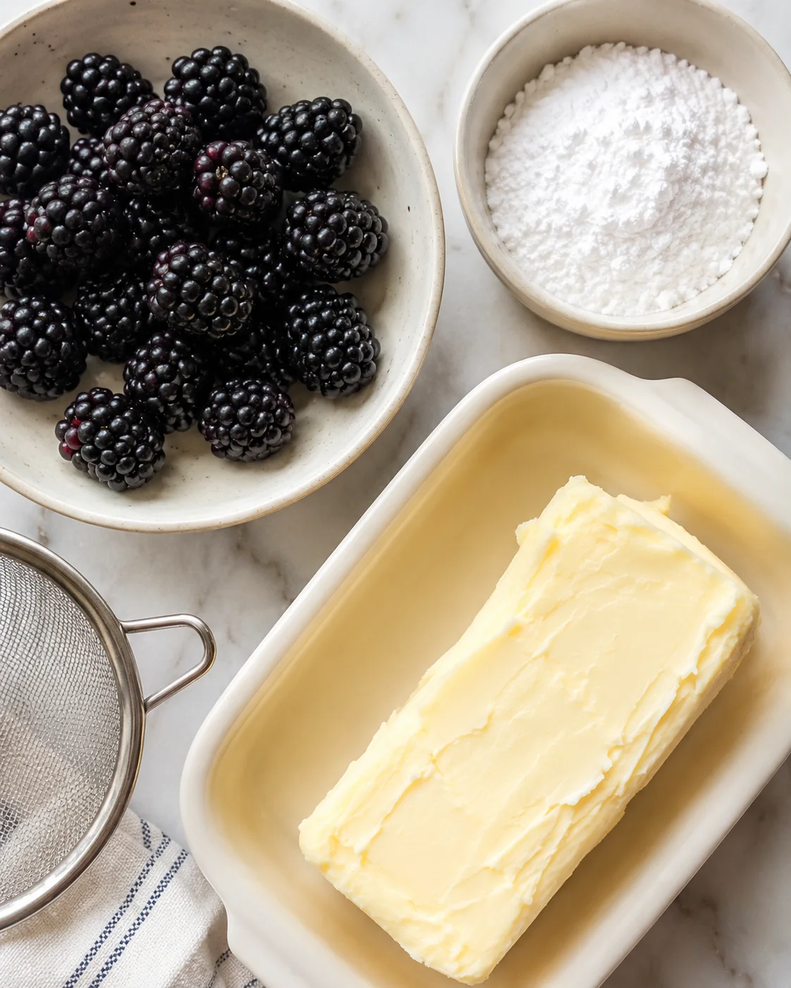 Blackberries, butter, and powdered sugar in bowls for making flavored butter