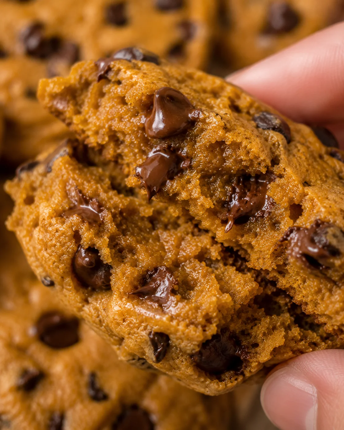 Close-up of soft pumpkin chocolate chip cookie with melted chocolate chunks