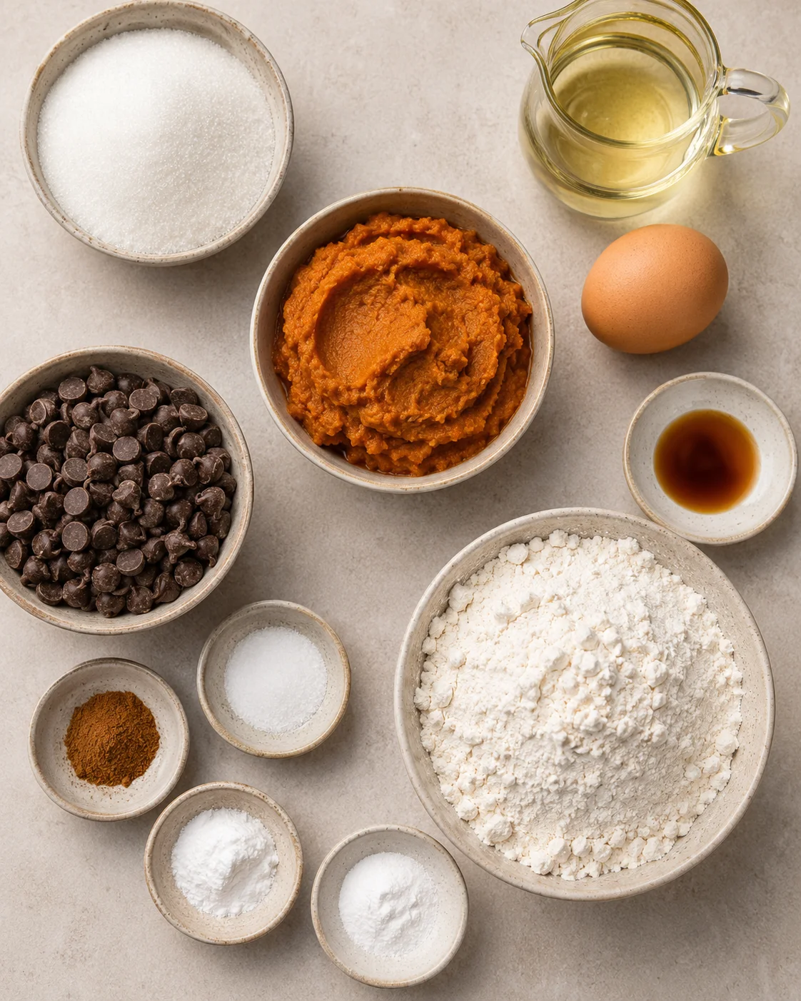 Ingredients for soft pumpkin cookies with chocolate chips and spices arranged on a neutral surface.