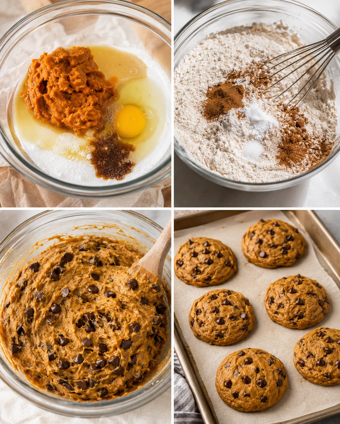 Freshly baked pumpkin chocolate chip cookies cooling on a tray.