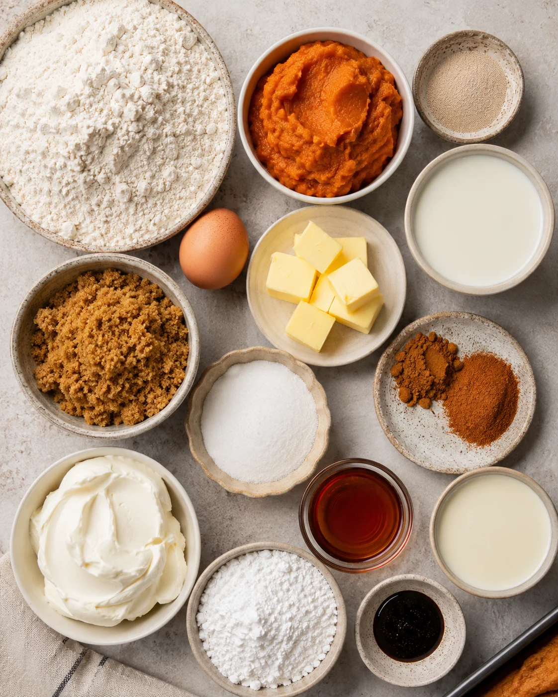 Preparation of pumpkin cinnamon rolls with ingredients like pumpkin puree, flour, and spices.