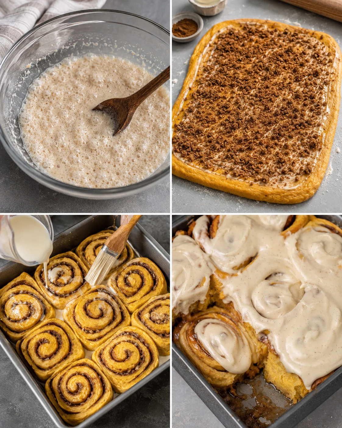 Soft pumpkin cinnamon rolls topped with creamy vanilla bean frosting.