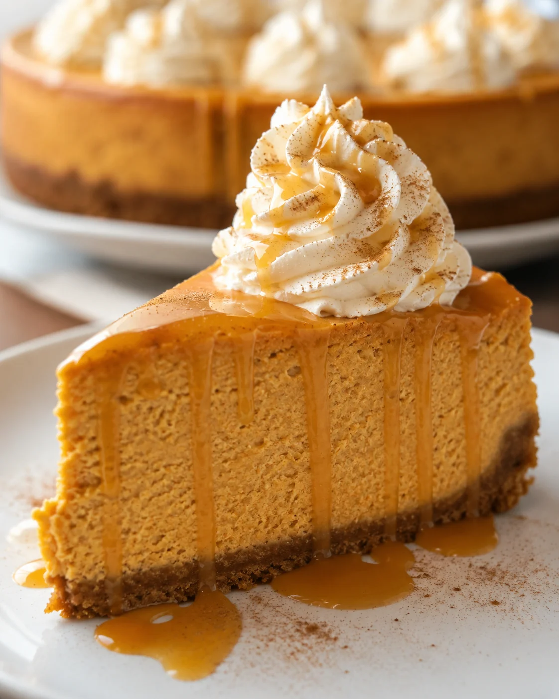 Creamy pumpkin cheesecake topped with whipped cream and caramel drizzle.