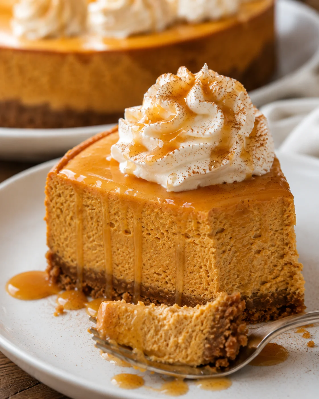 Slice of pumpkin cheesecake topped with whipped cream and caramel sauce on a white plate.