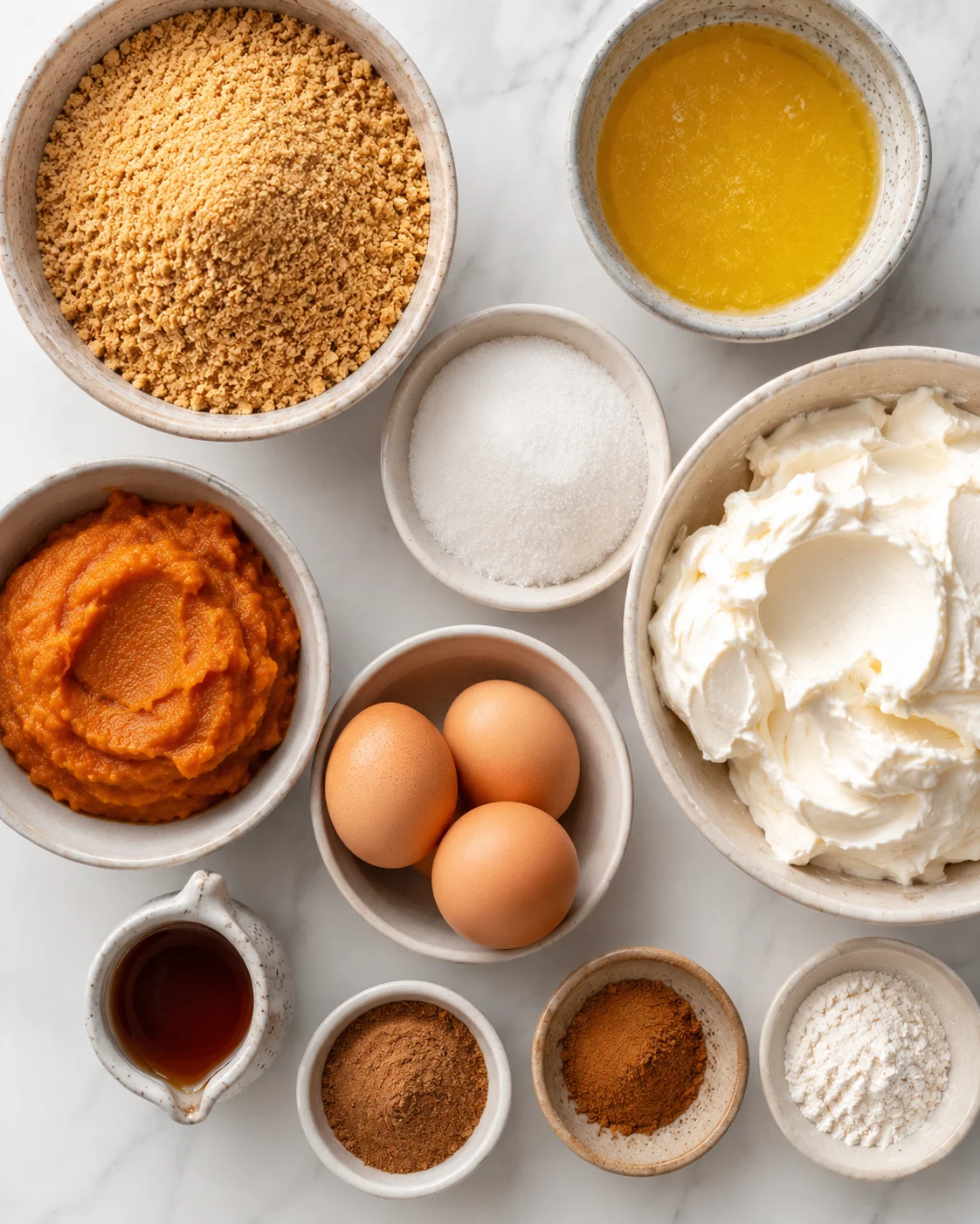 Ingredients for creamy pumpkin cheesecake including graham cracker crust, pumpkin puree, and cream cheese.