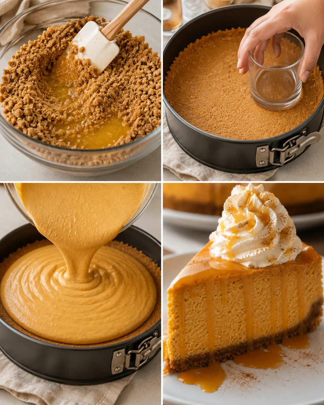 Step-by-step images of making pumpkin cheesecake with smooth filling and topping.