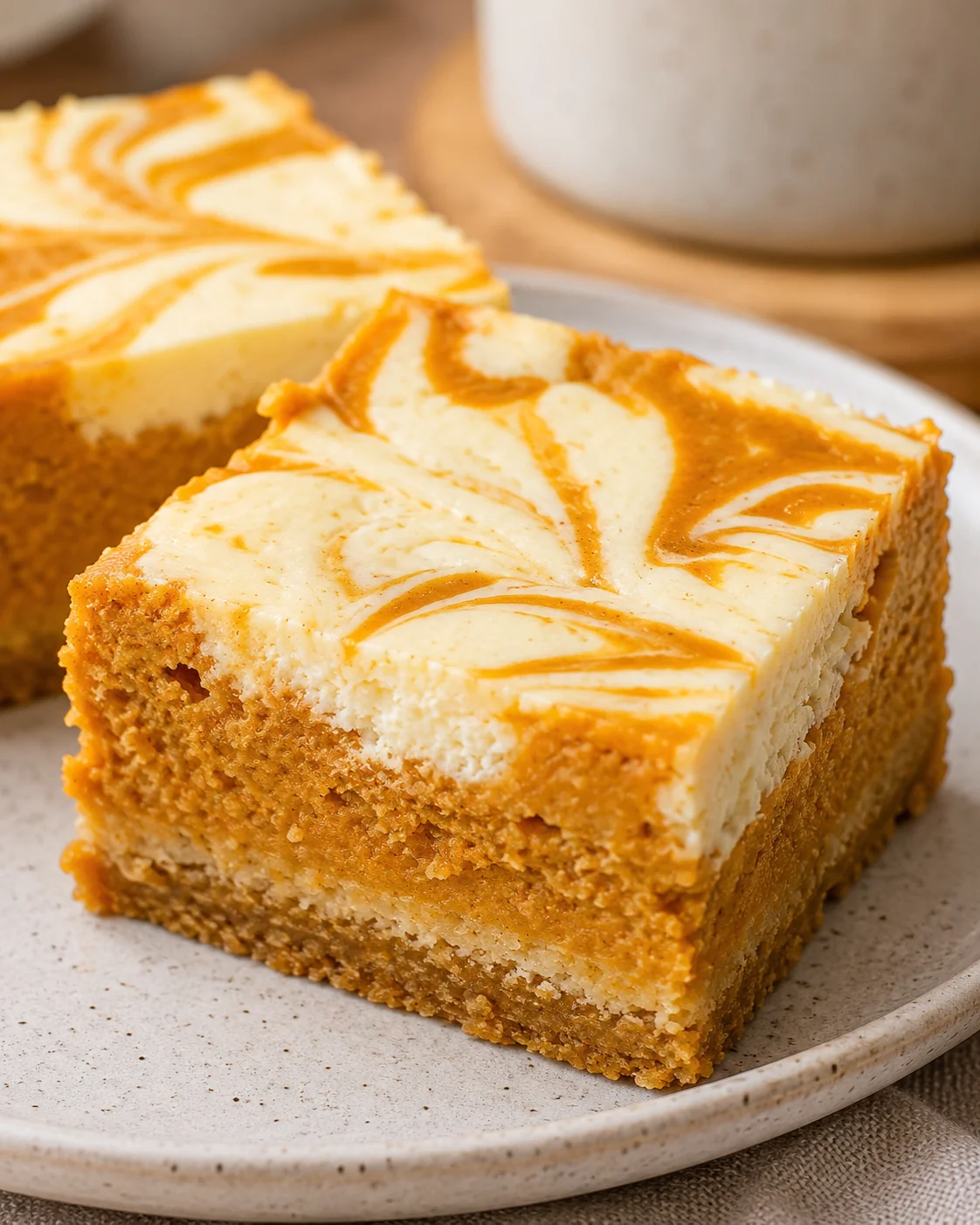 Delicious pumpkin cheesecake bars with a marbled swirl topping, perfect for fall desserts.