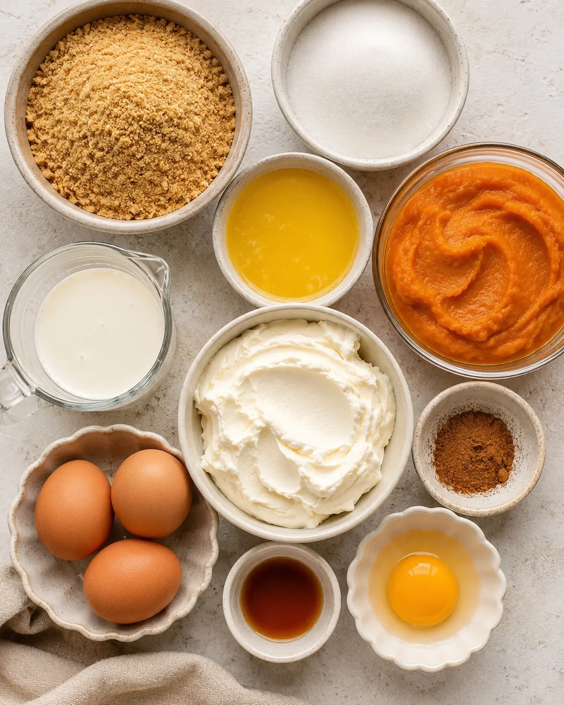 Assorted baking ingredients including eggs, pumpkin puree, and spices arranged neatly.