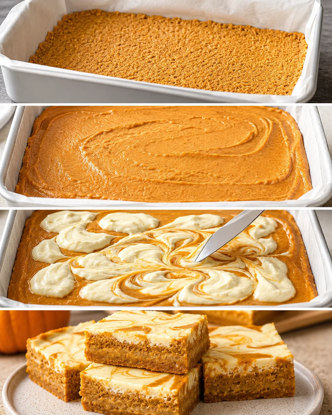 Steps showing crust, filling, and swirl topping for pumpkin cheesecake bars.