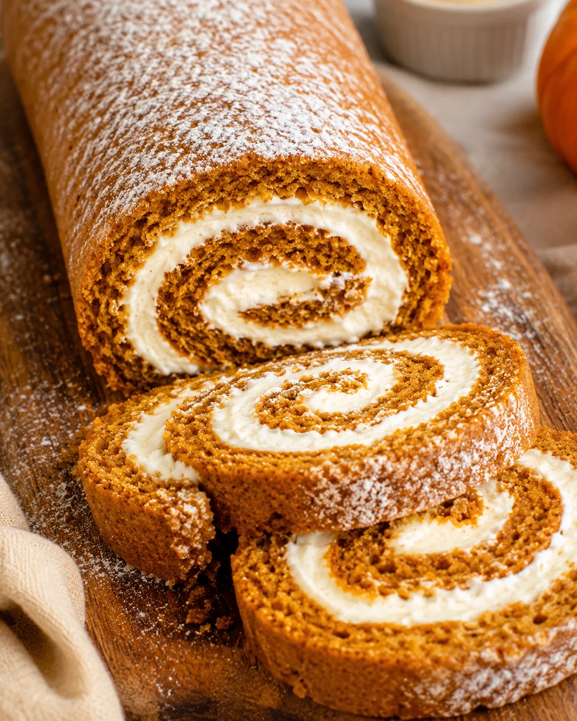 Close-up of a sliced pumpkin roll with cream cheese filling on a wooden board.