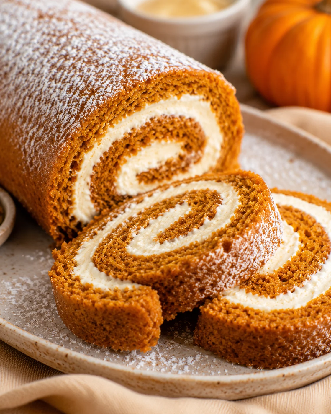 Close-up of a sliced pumpkin roll with cream cheese filling dusted with powdered sugar