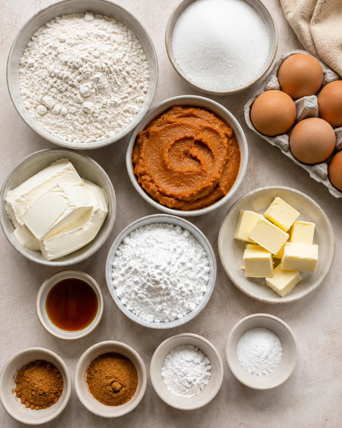 Assorted ingredients displayed for making a pumpkin roll cake, including flour, sugar, eggs, and pumpkin puree.