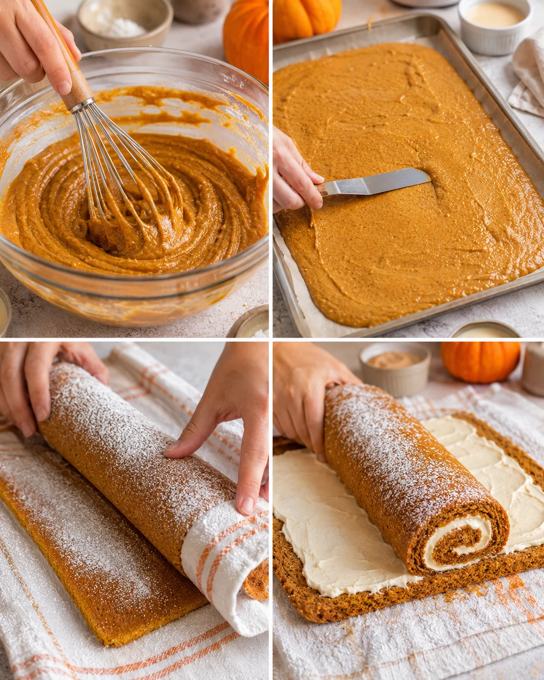 Step-by-step images of preparing and rolling a pumpkin cake with cream cheese filling.