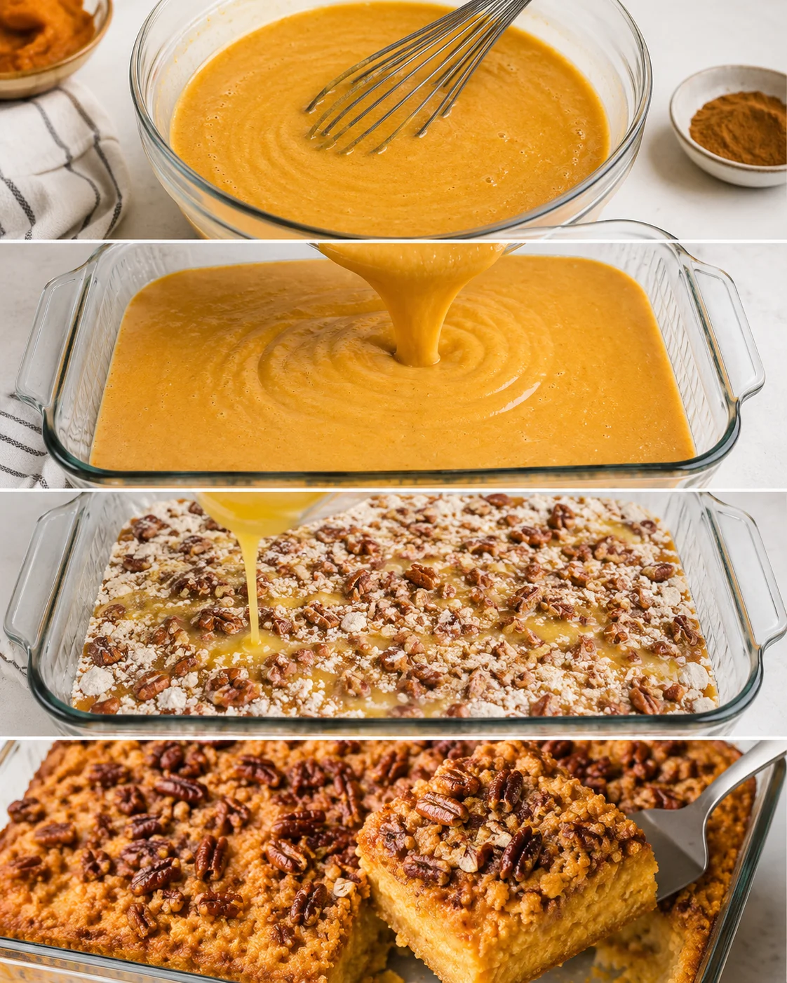 Step-by-step images showing pumpkin custard pouring, cake mix topping, and baked dessert.