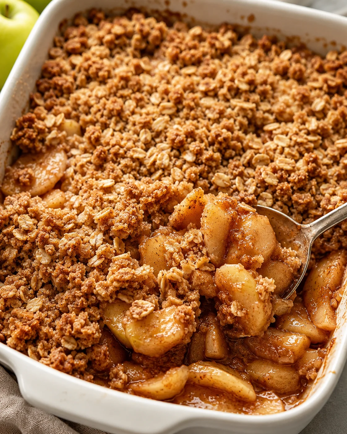 Baked apple crisp with a crunchy oatmeal topping in a white baking dish.