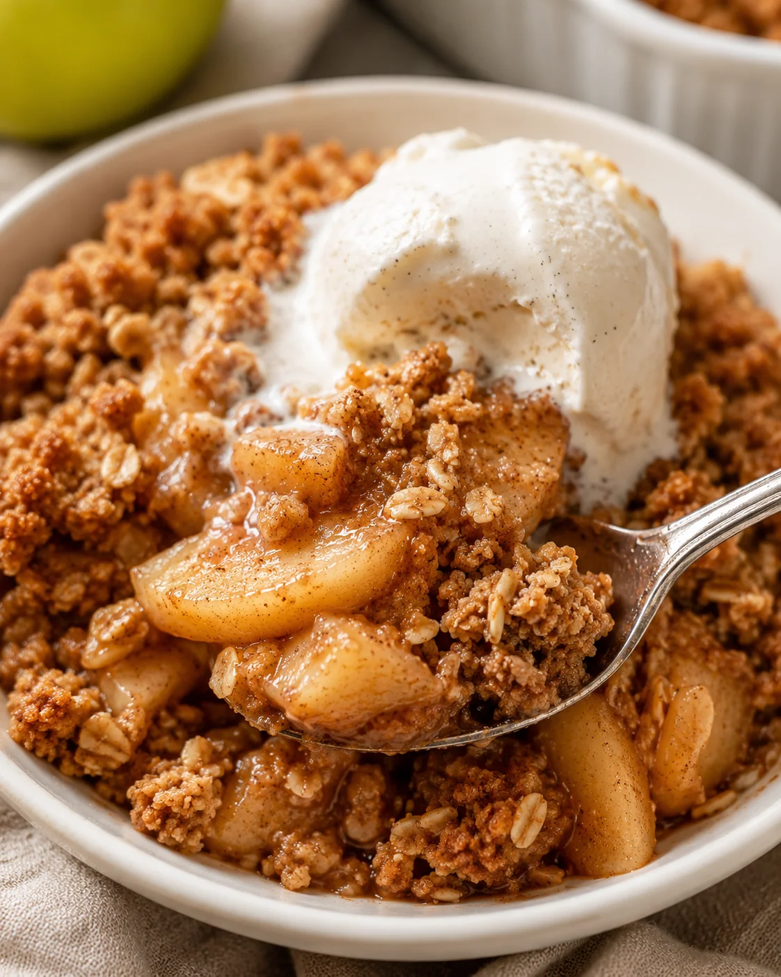 Warm apple crisp topped with vanilla ice cream and cinnamon, ready to serve.