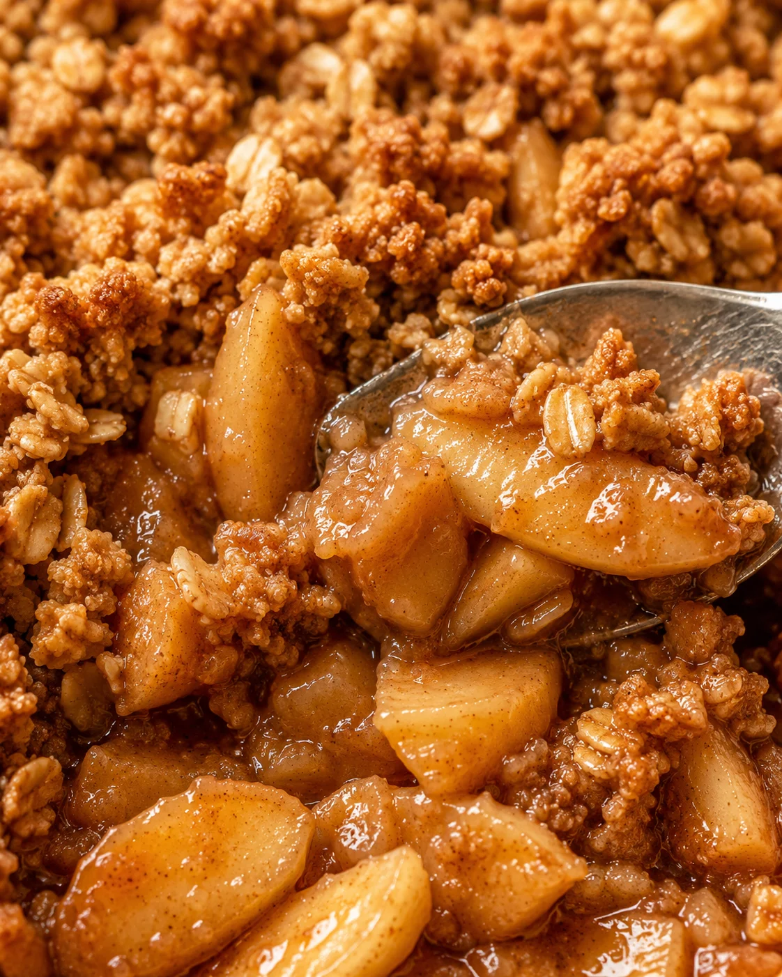 Baked apple crisp with tender apple chunks and a crunchy oatmeal topping.