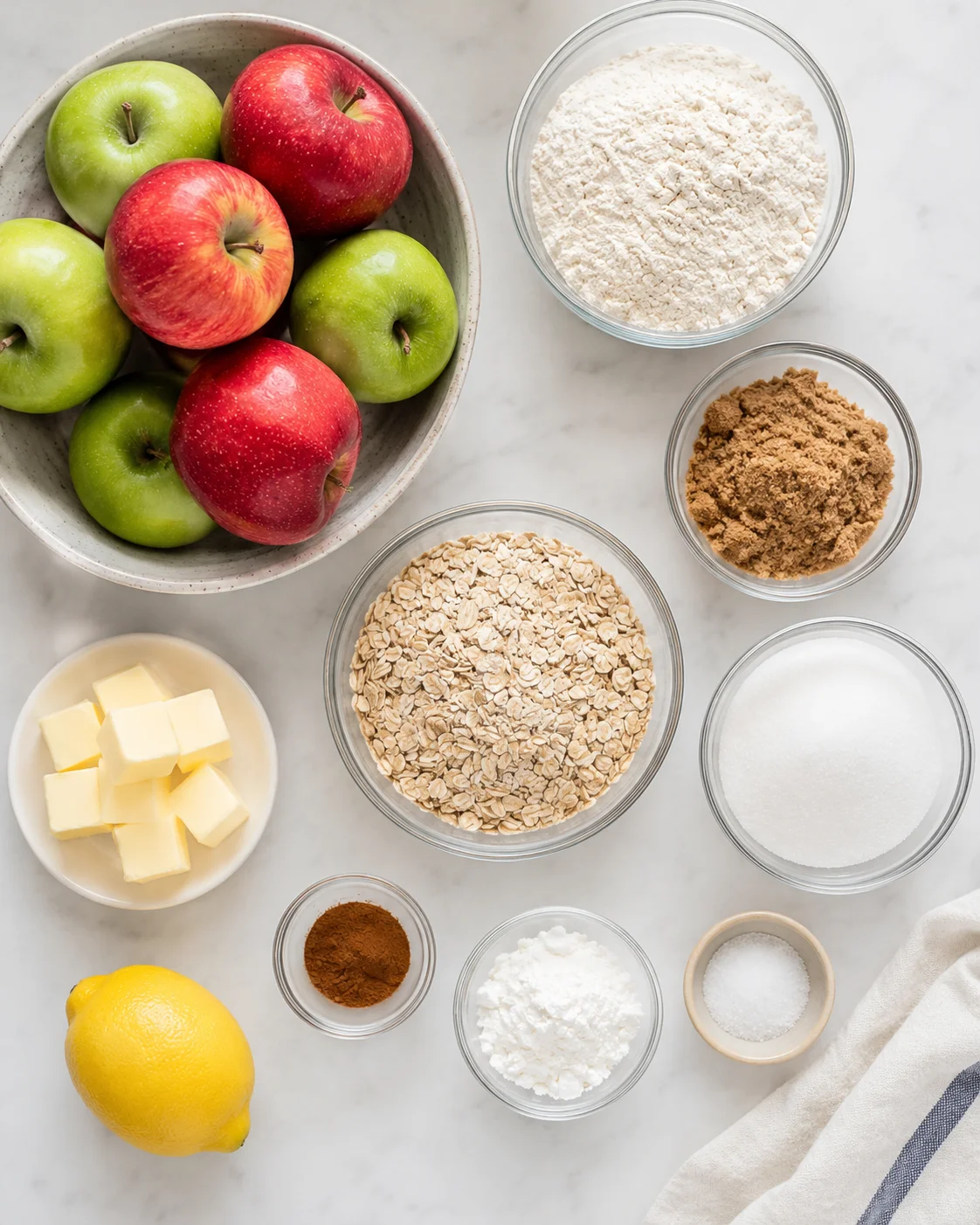 Fresh apples, flour, oats, and spices arranged on a white surface.