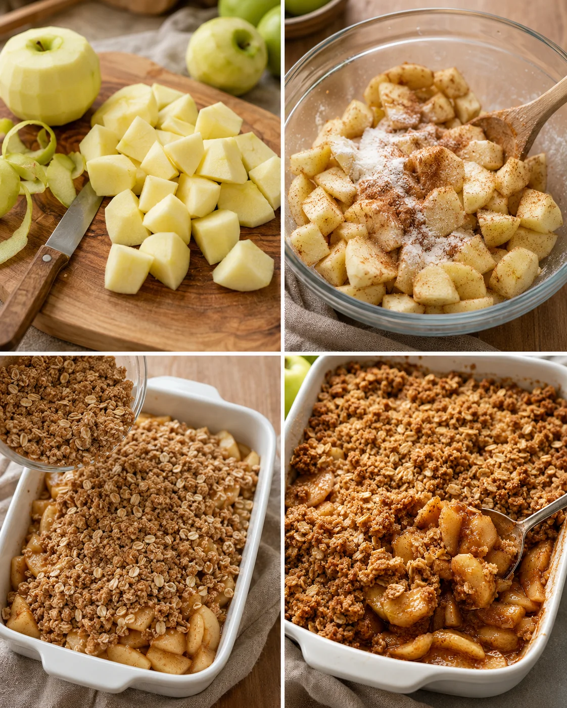 Step-by-step process of making apple crisp with chopped apples, spice, and topping.