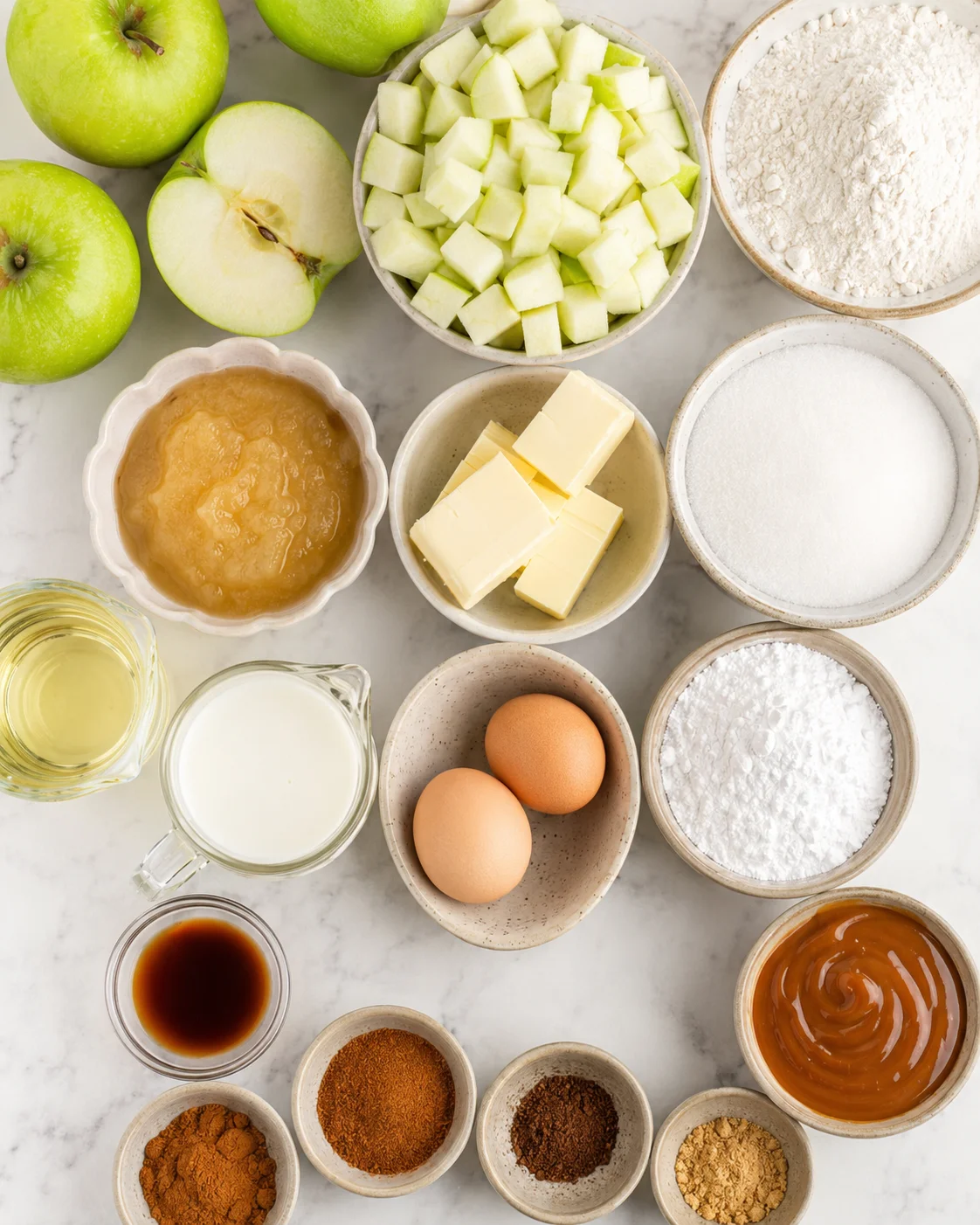 A variety of fresh apples, spices, and baking essentials for the cake recipe.