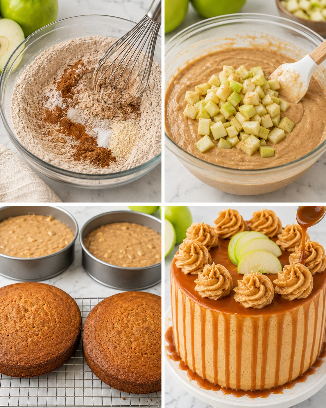 Step-by-step process of making a caramel apple spice cake with ingredients and finished dessert.