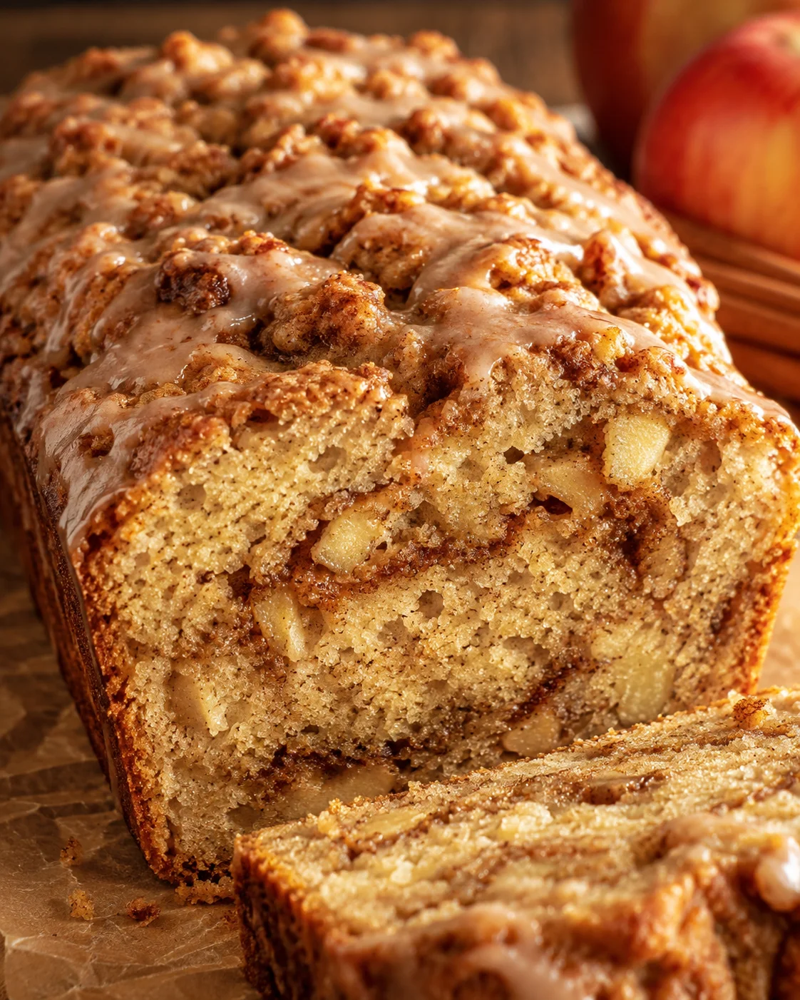 Close-up of a freshly baked cinnamon apple bread with a glaze topping.
