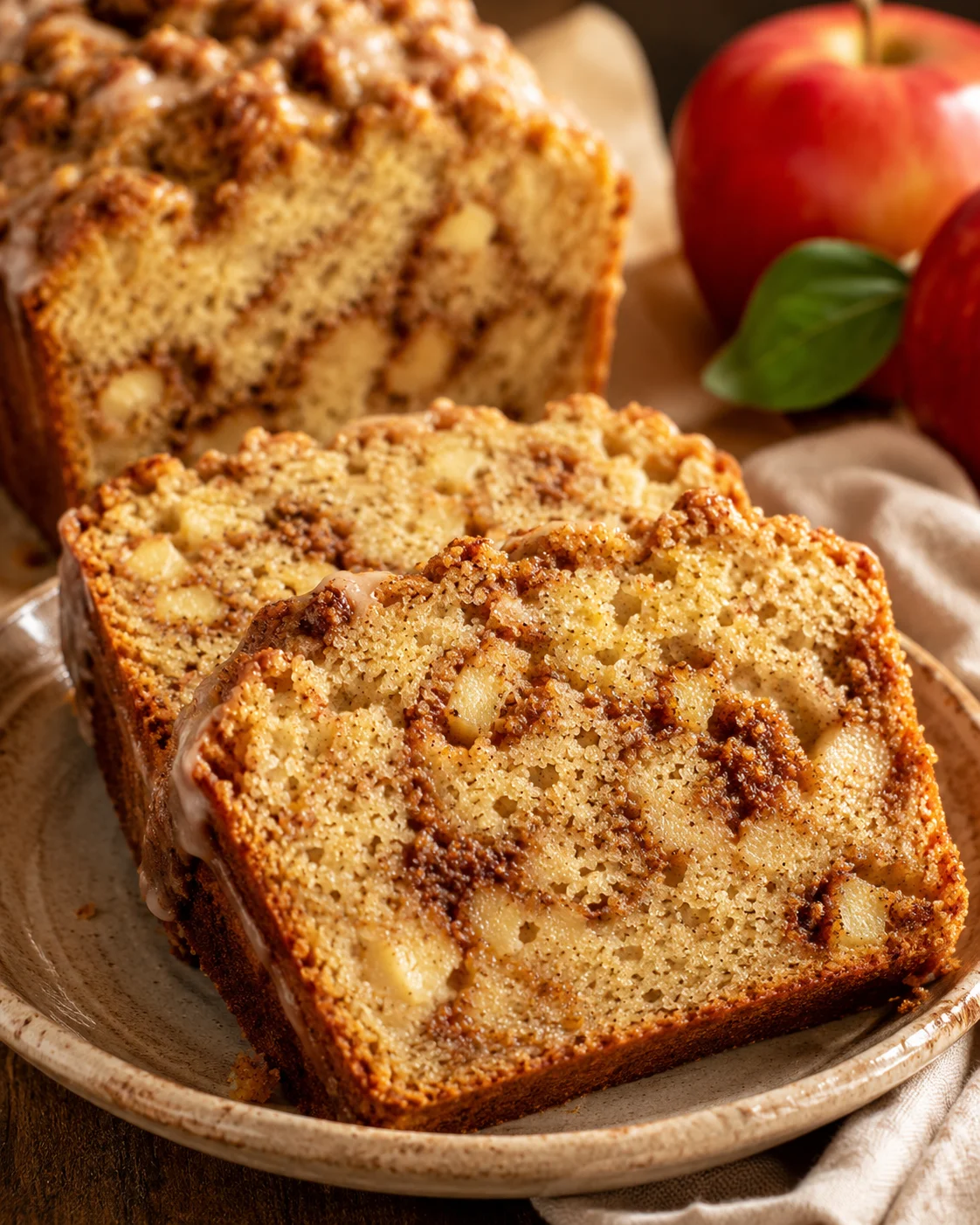 A close-up of moist cinnamon apple bread with a swirl and cinnamon glaze