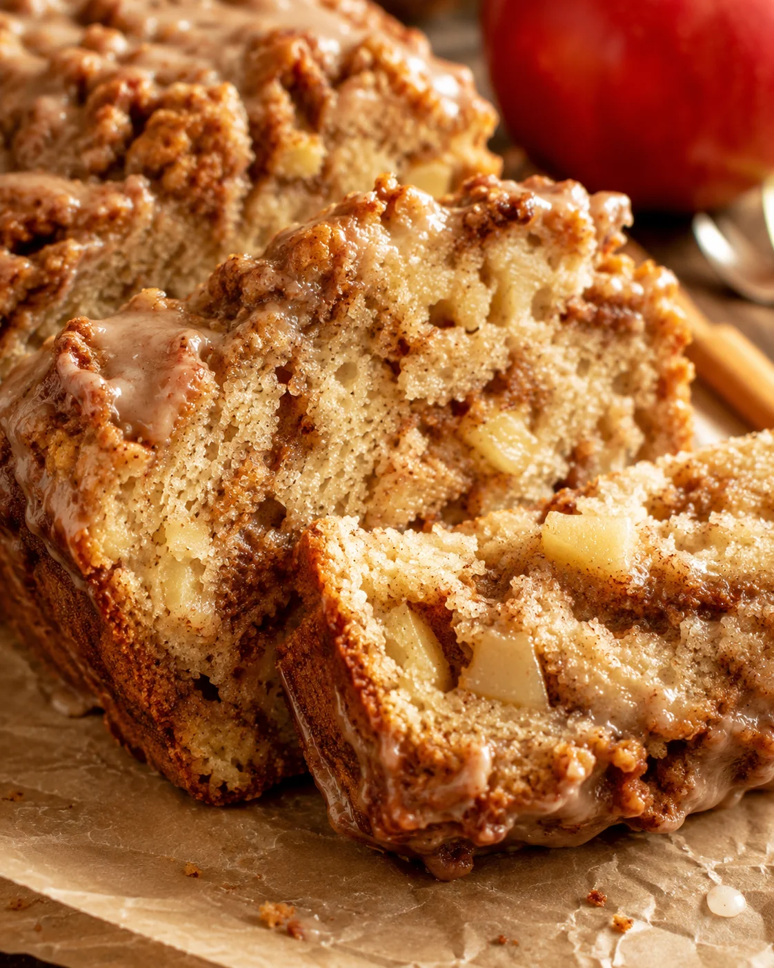 Tender loaf with cinnamon apple swirl and glaze, perfect for fall mornings.
