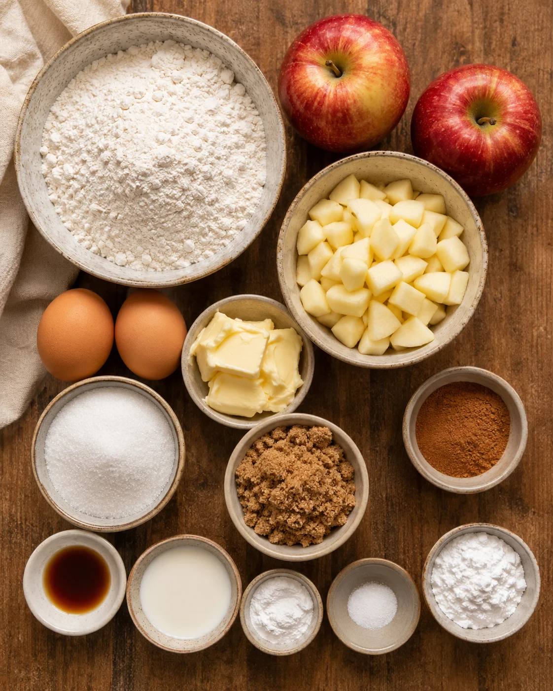 Baking ingredients for cinnamon apple bread on a wooden surface.