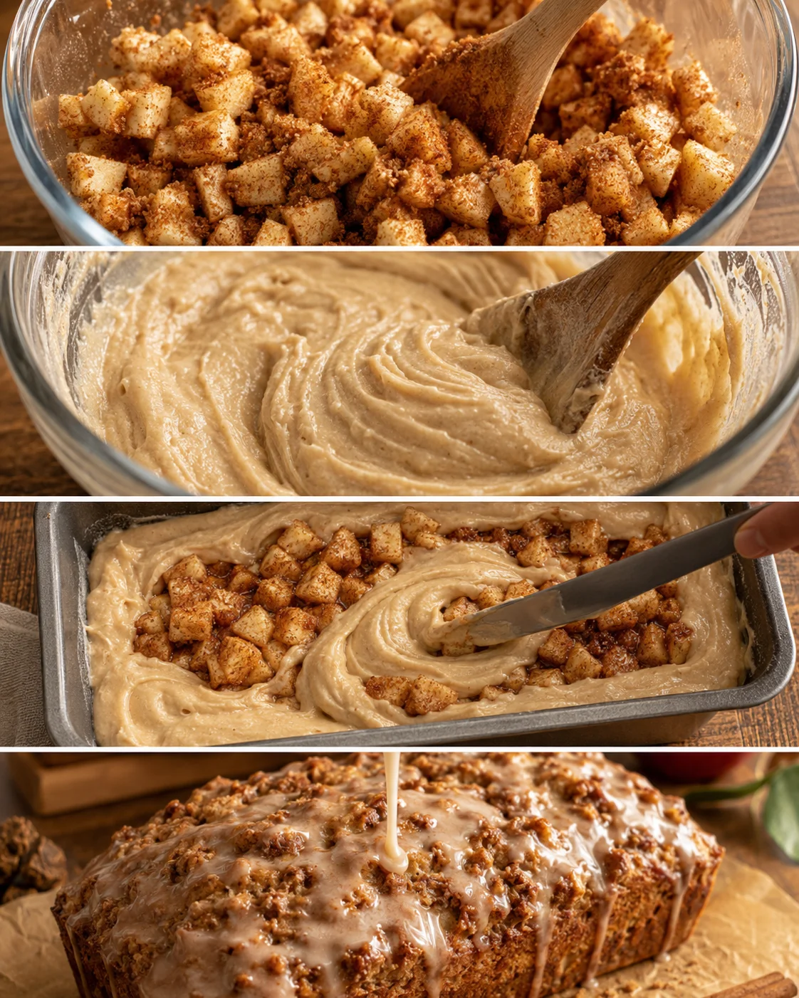Step-by-step images of preparing cinnamon apple bread with apple chunks, batter, and glaze.