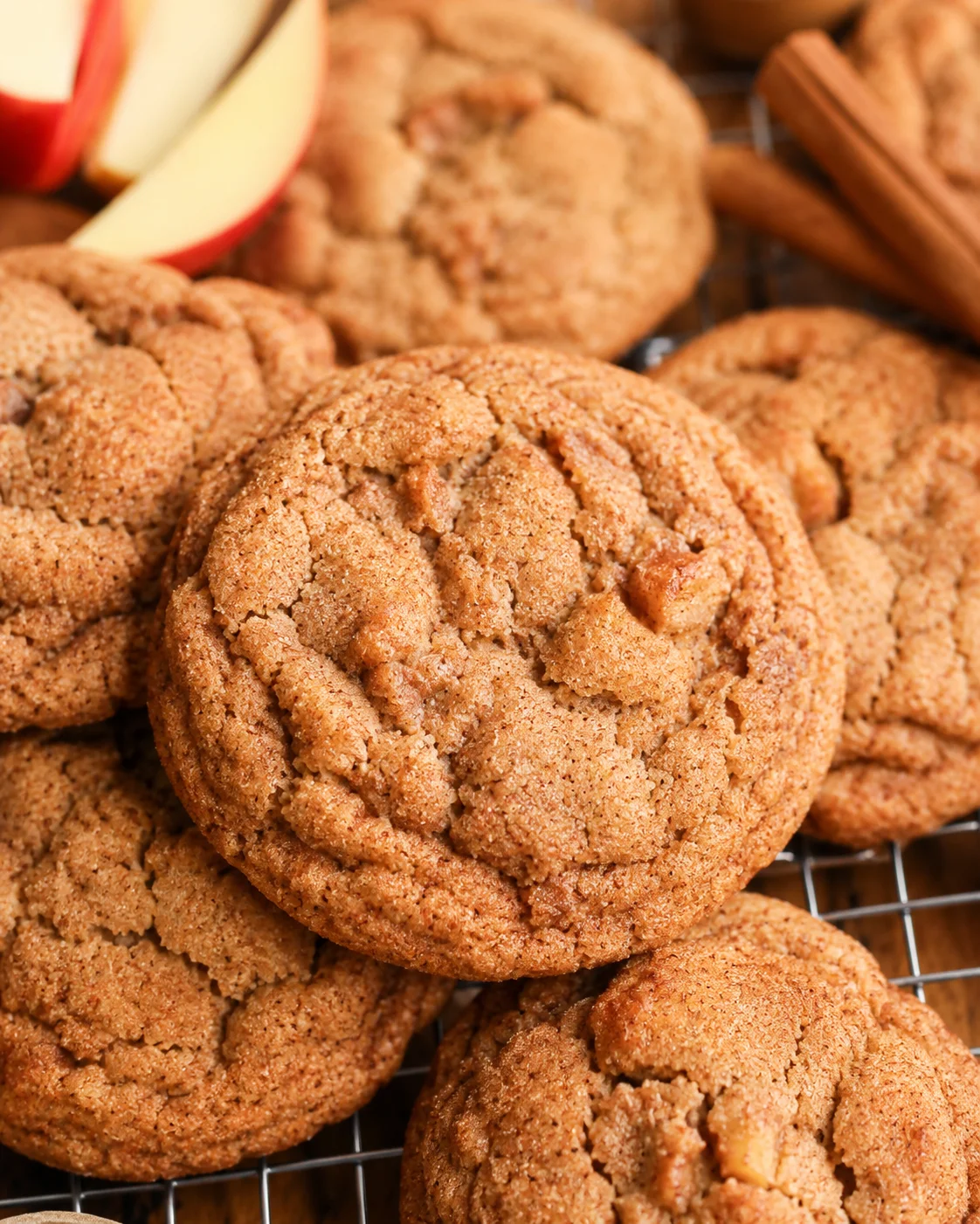 Close-up of freshly baked apple snickerdoodles with cinnamon sugar coating.